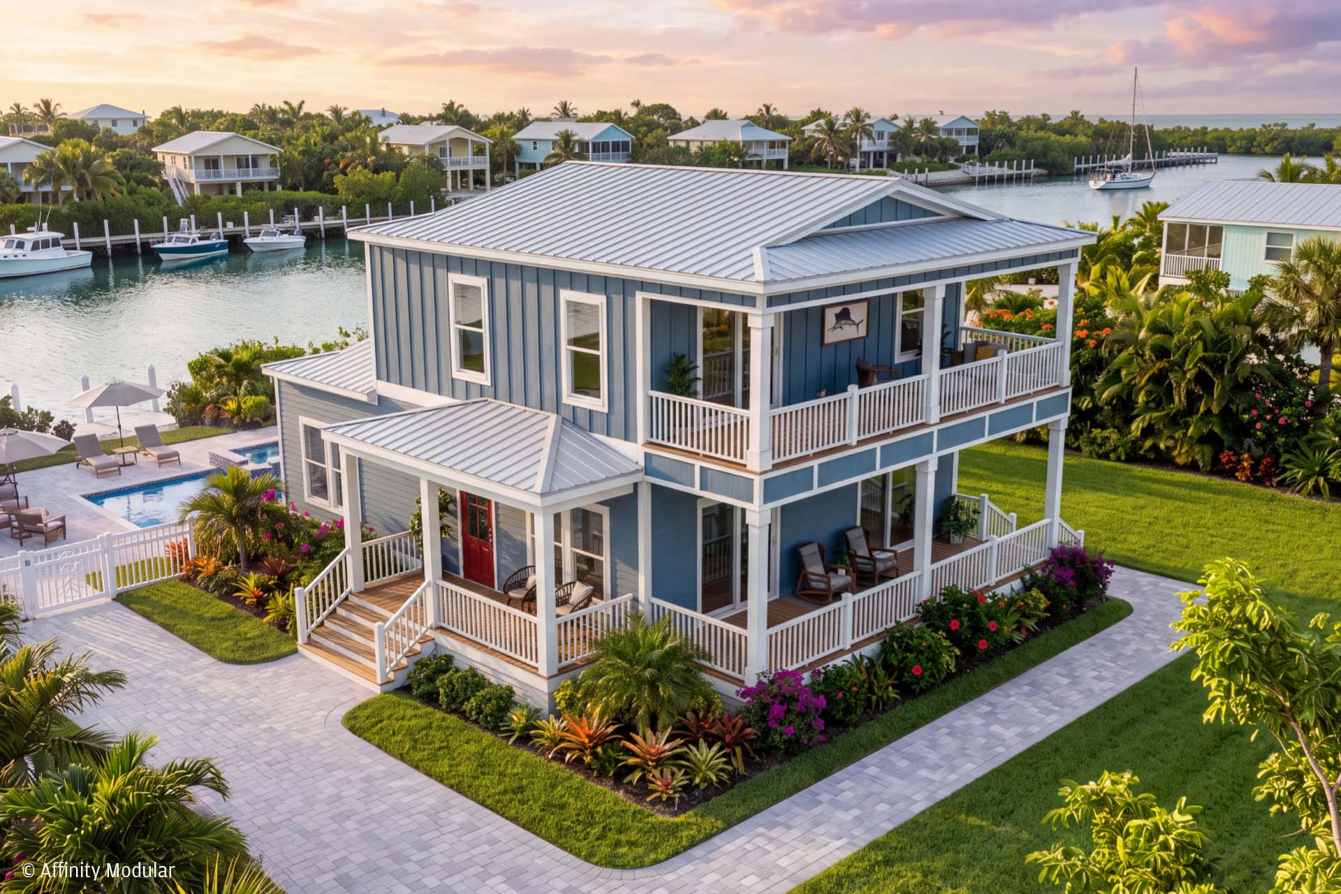 Kingfisher Low Country Two-story blue modular home with white trim, wraparound porch, lush garden, by a canal with boats and palm trees.