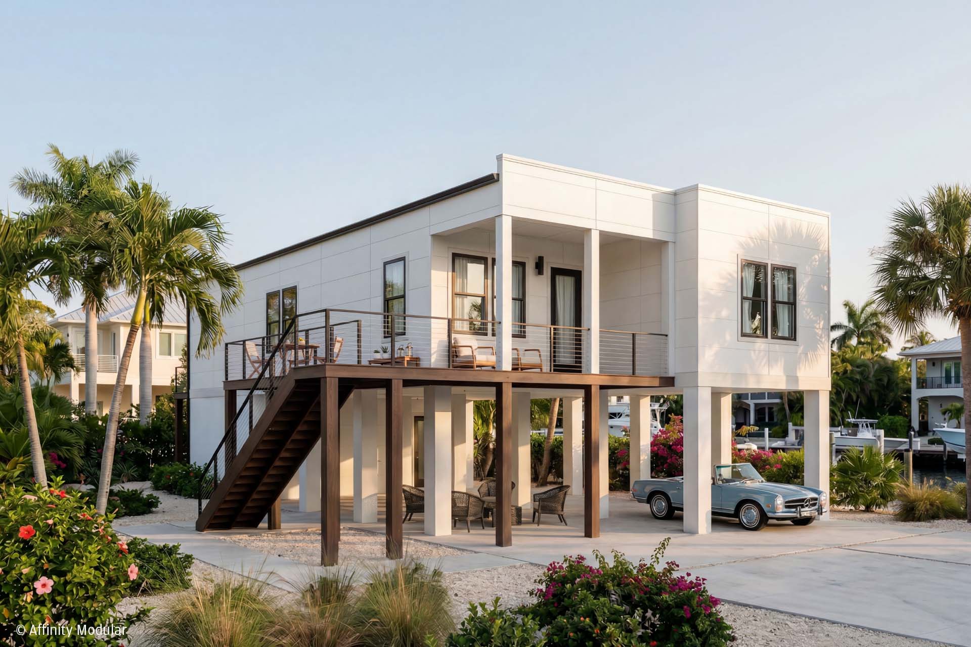 Modern white modular home elevated with outdoor stairs, a car parked below, and tropical landscaping surrounding it.