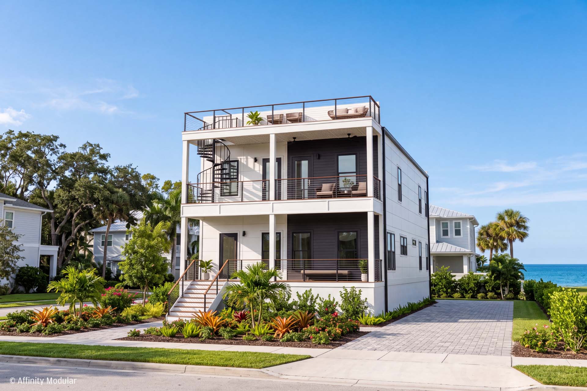 Sweet Bay Modern two-story white modular home with balconies, lush landscaping, and an ocean view in the background.